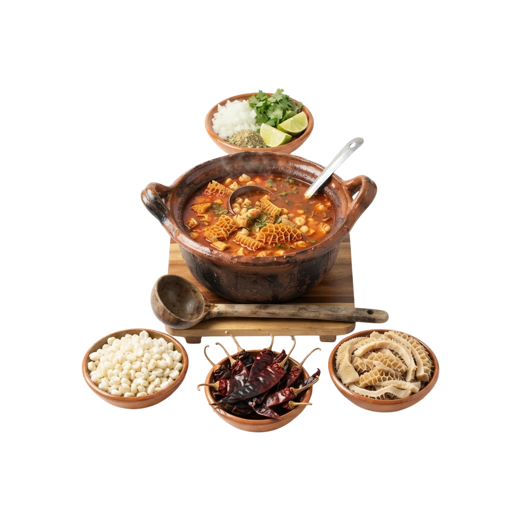 Hot pot dish with soup, rice, dried chilies, crackers, lime, and herbs on wooden stand