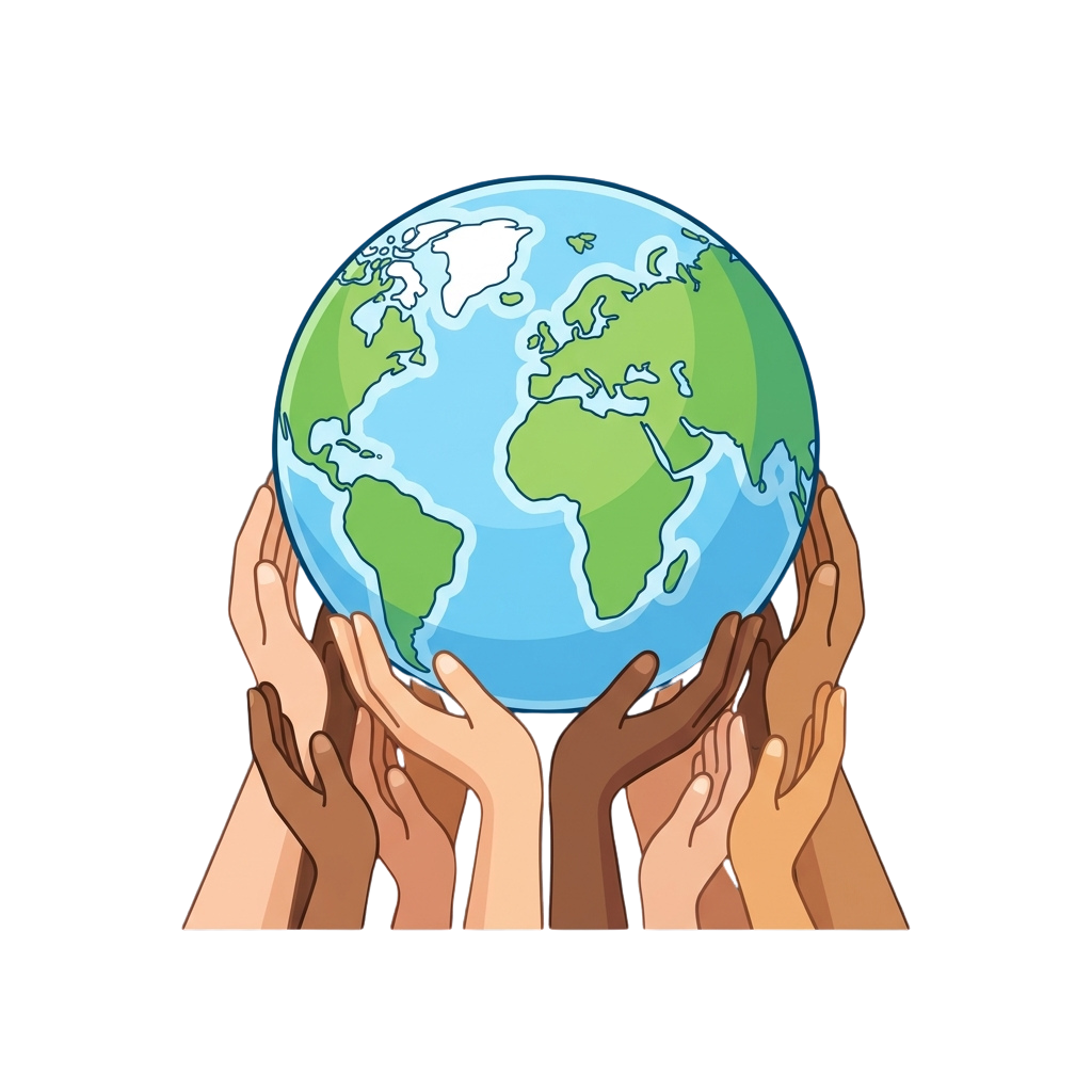 Illustration of multiple hands of different skin tones gently holding a globe representing global unity and environmental care.