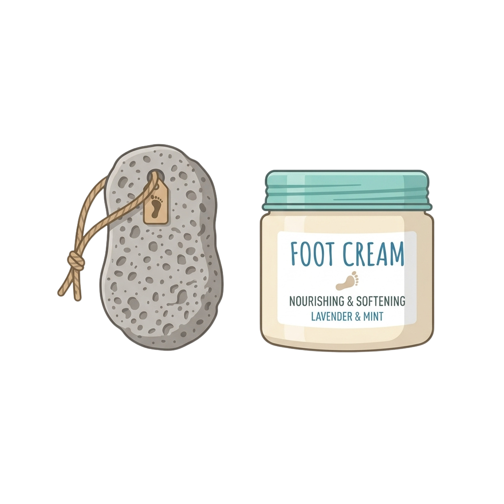 Illustration of a foot cream jar labeled nourishing and softening with lavender and mint, alongside a pumice stone with a foot-shaped tag.