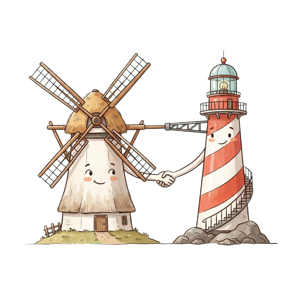 A cheerful cartoon windmill and lighthouse holding hands in a friendly gesture