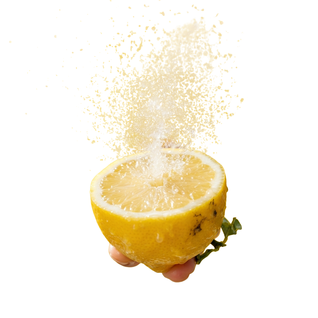 Hand squeezing a halved lemon with bright yellow juice spraying upwards