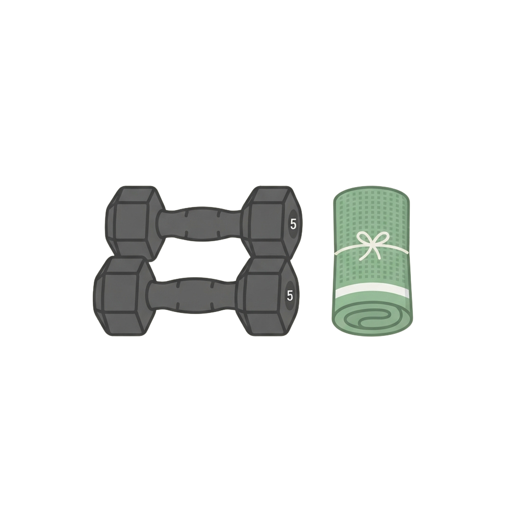 Gray adjustable dumbbell set at 5 kg and a light green rolled yoga mat tied with a white ribbon bow