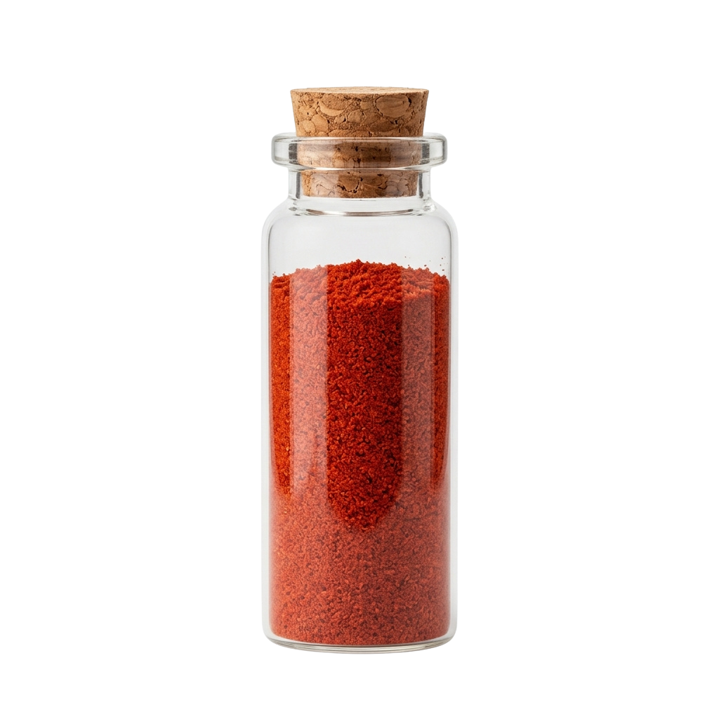A clear glass jar with a cork lid filled with fine red spice powder