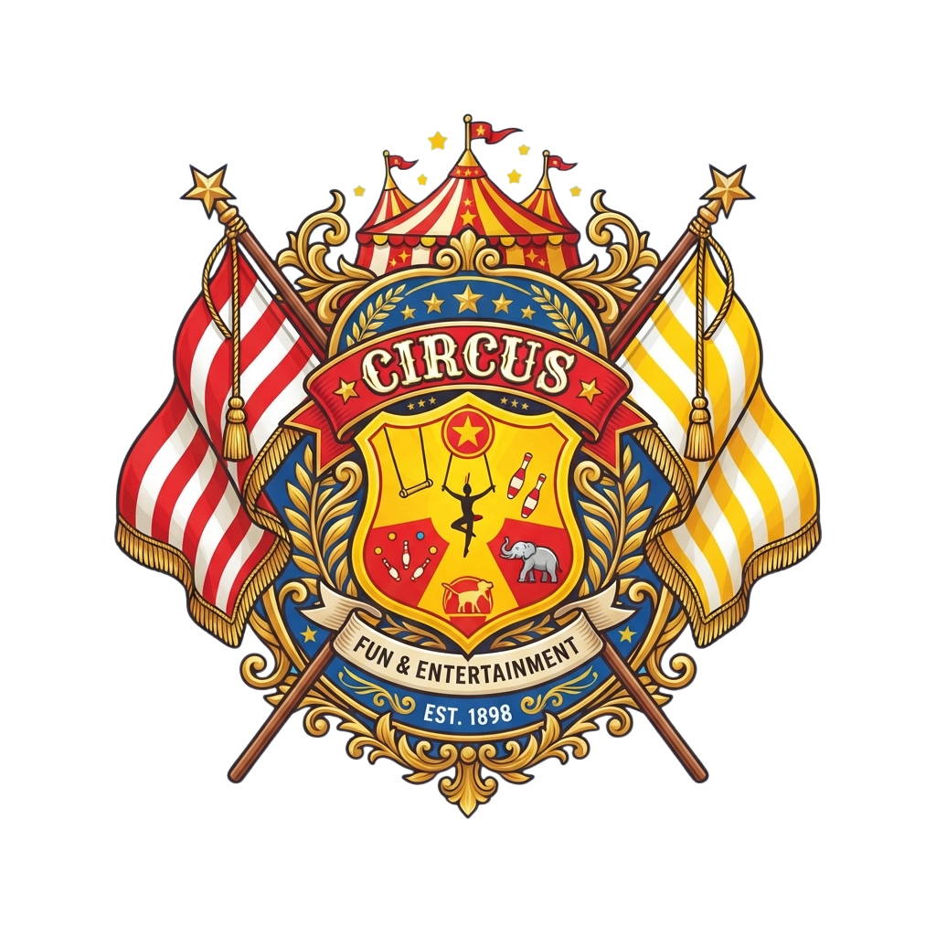 A colorful circus logo featuring flags, a tent, acrobats, and animals with Fun and Entertainment text