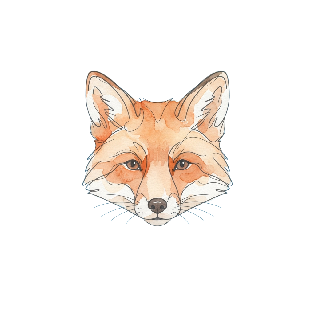Illustration of a fox face with orange fur, black nose, and white markings around eyes and muzzle