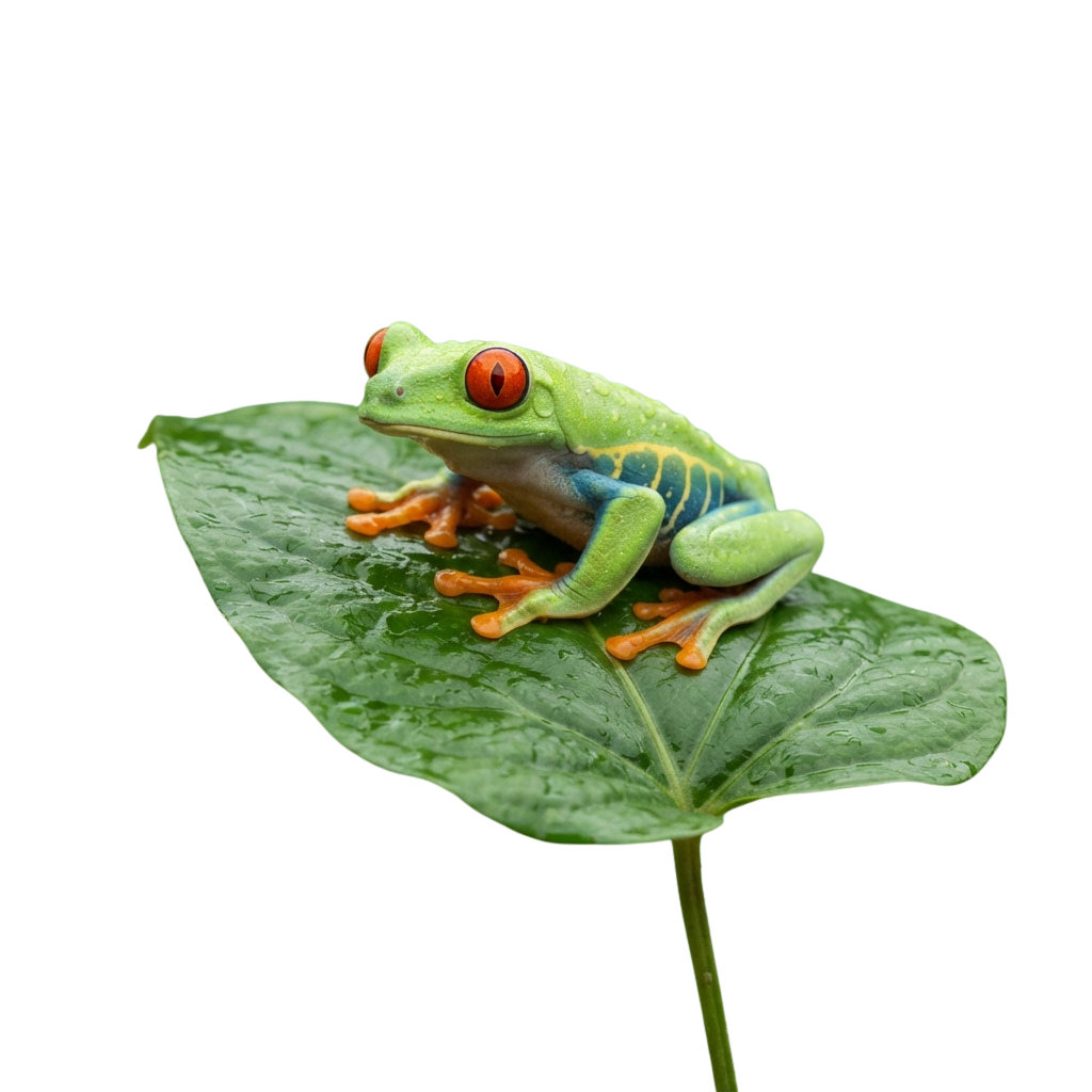 A vibrant green tree frog with orange feet and red eyes perched on a large green leaf