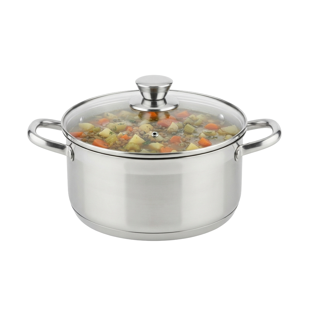 A stainless steel pot with two handles and a glass lid filled with vegetable stew