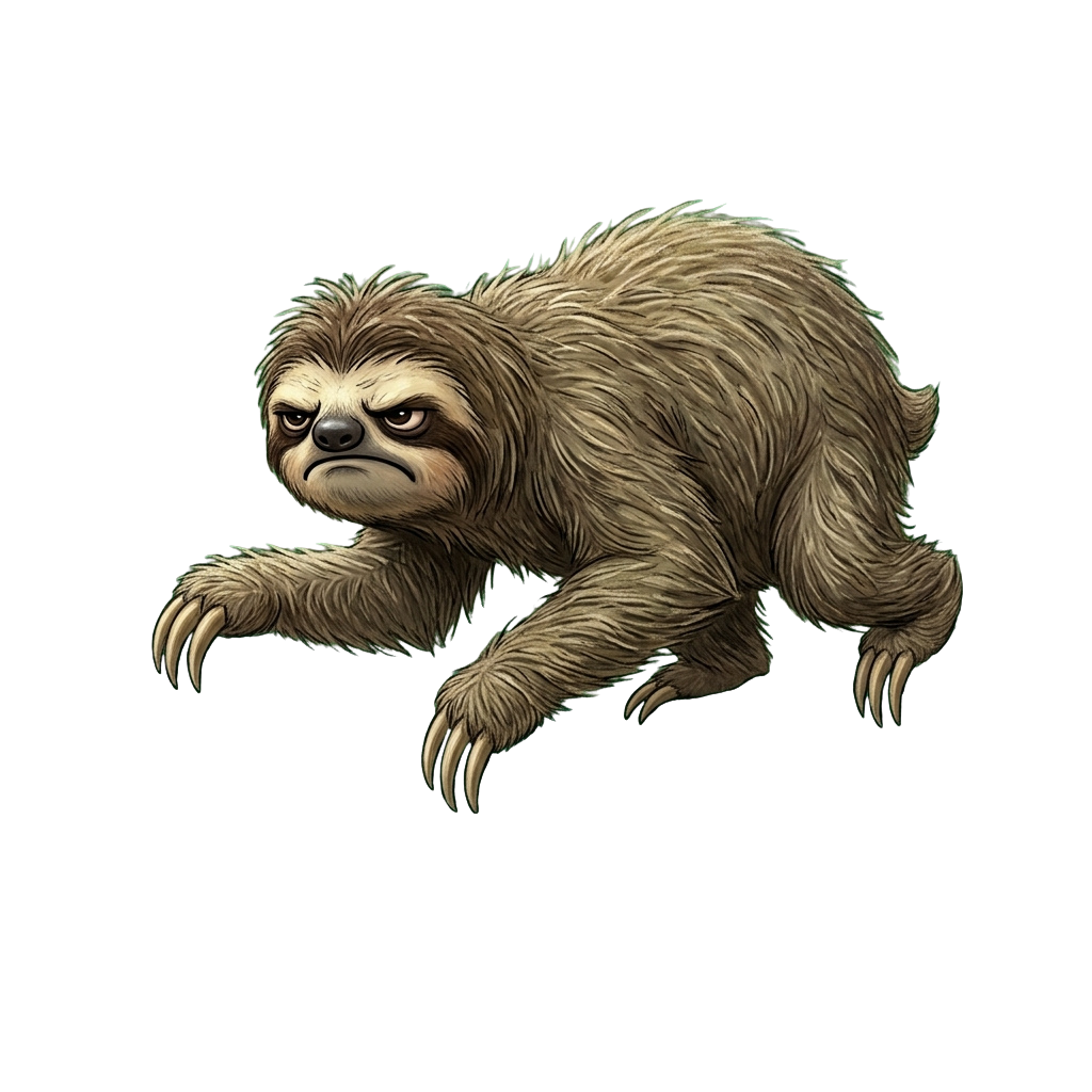 A detailed illustration of a sloth with long fur, sharp claws, and a neutral expression.