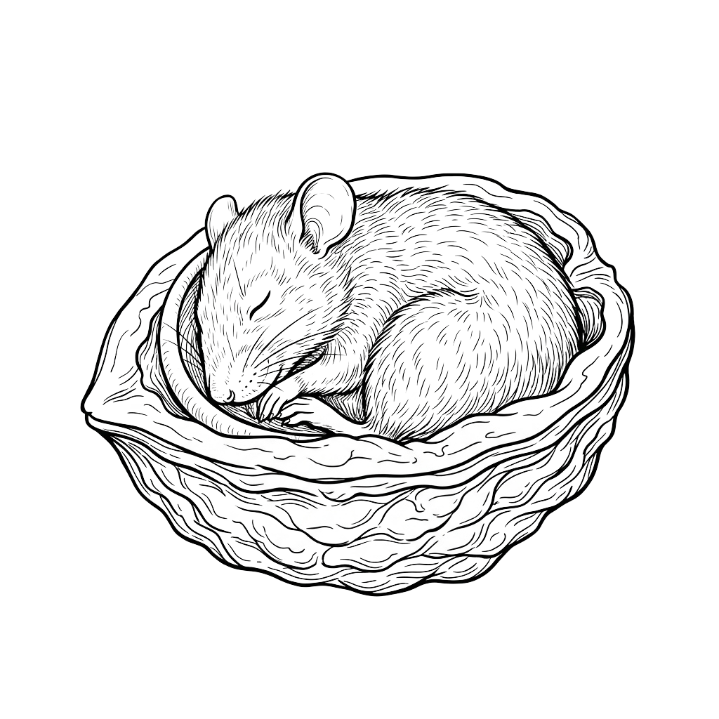 A detailed black and white sketch of a cat curled up inside a nest or bowl.