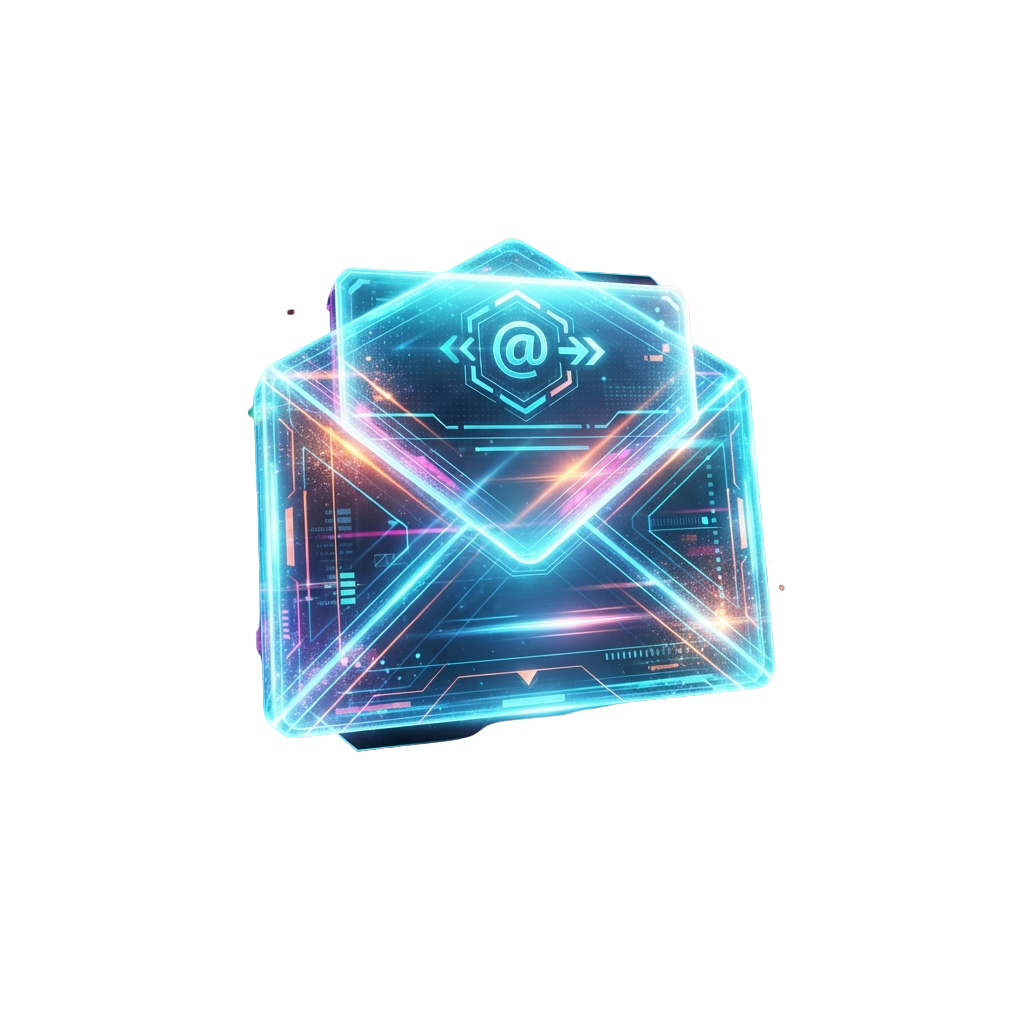 A glowing, futuristic email envelope with a digital at symbol and circuit patterns inside
