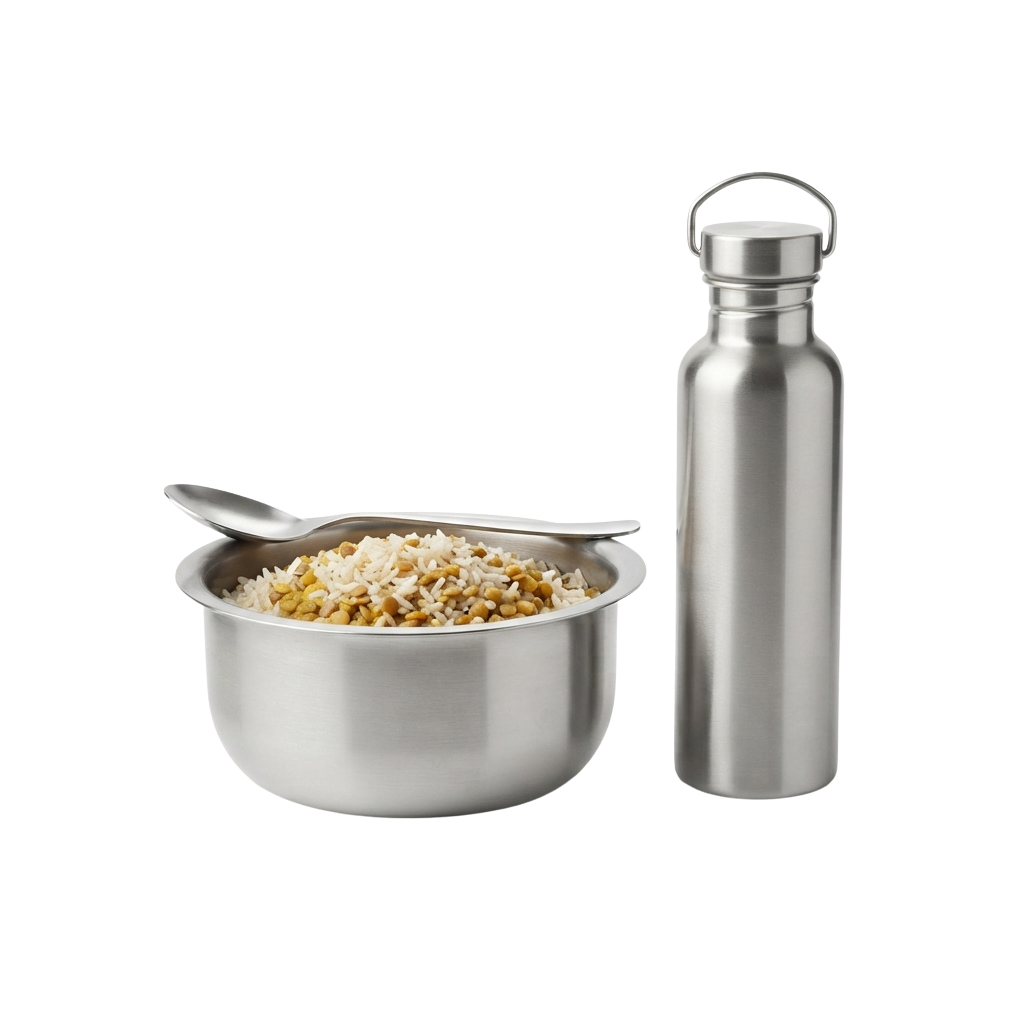 A stainless steel bowl filled with rice and a matching stainless steel water bottle with a handle.