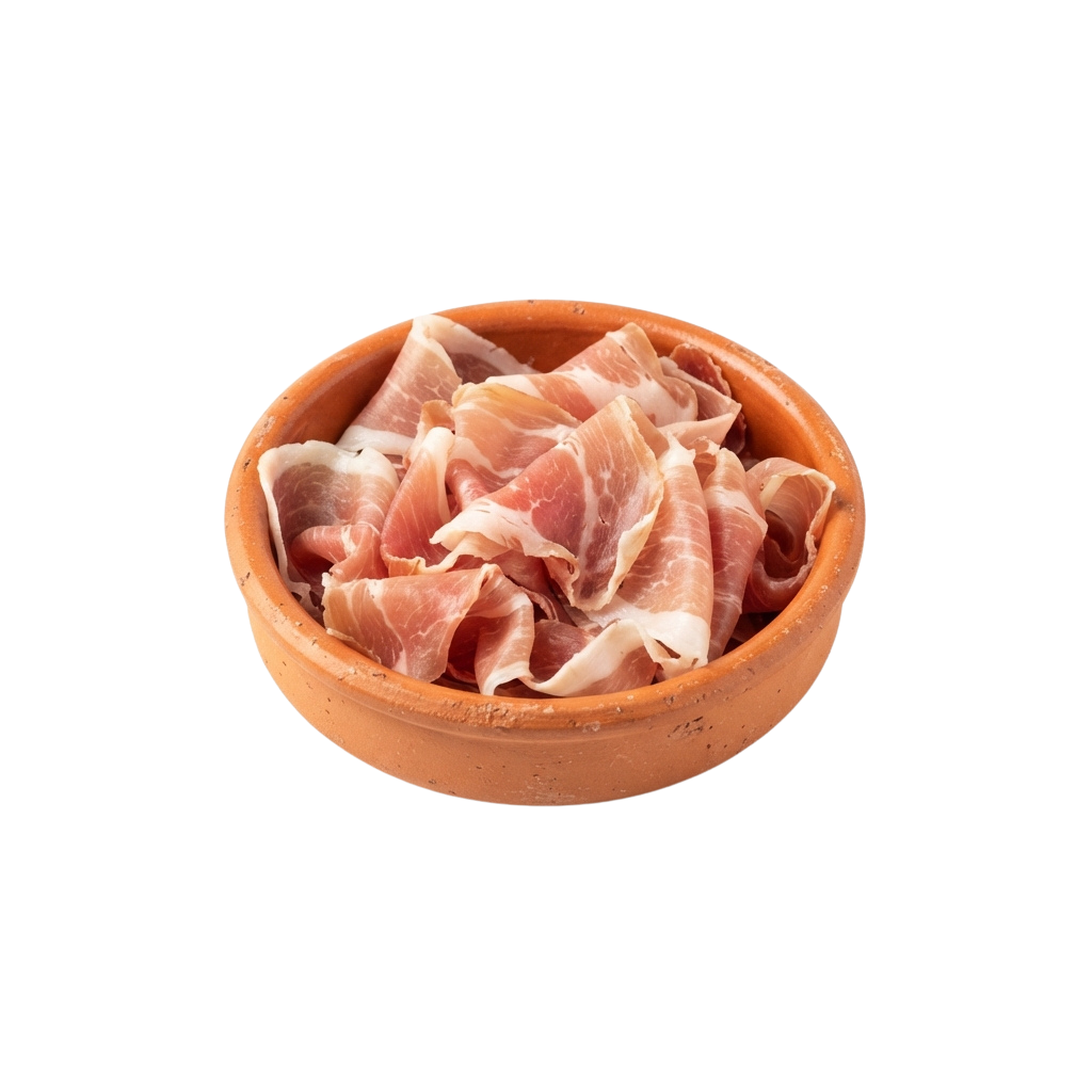 A terracotta bowl filled with slices of raw pink pork belly