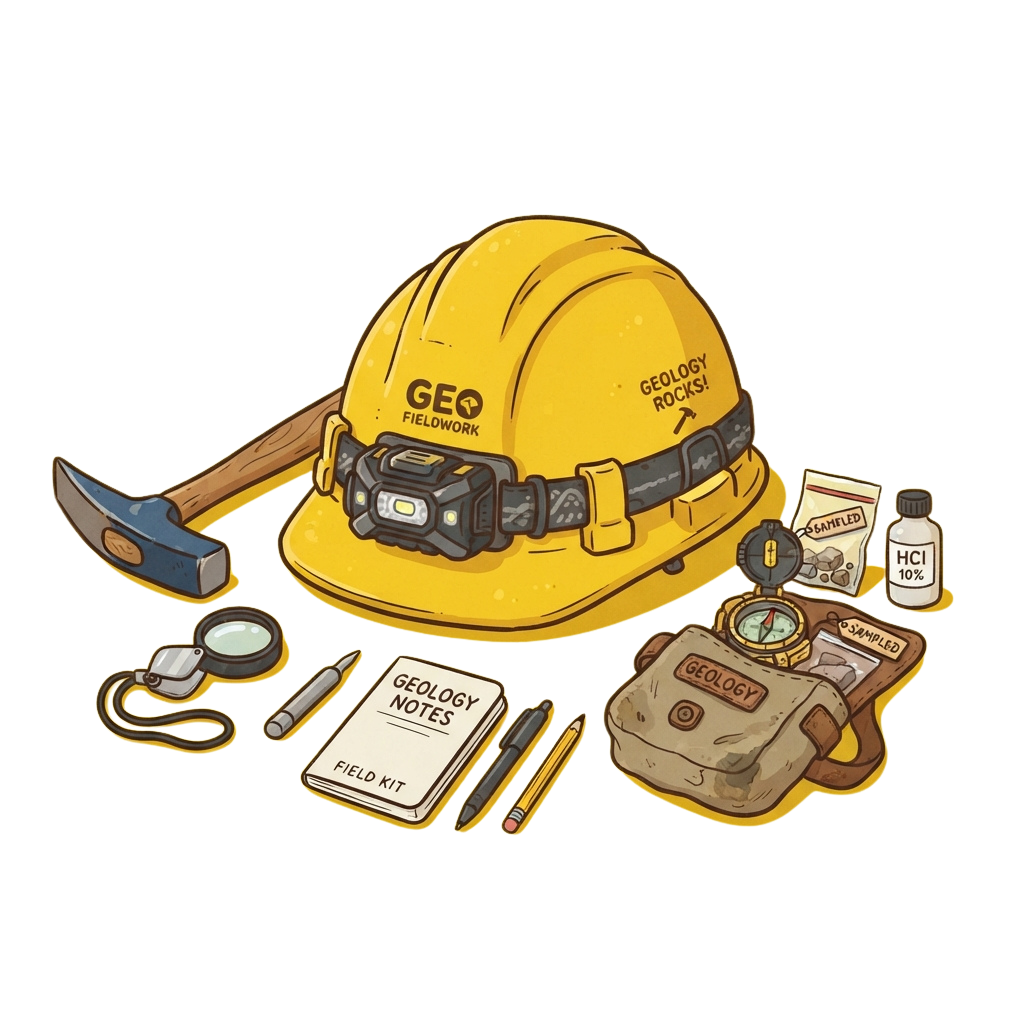 Illustration of a geology fieldwork kit including a hard hat, compass, hammer, notebook, samples, and safety gear.
