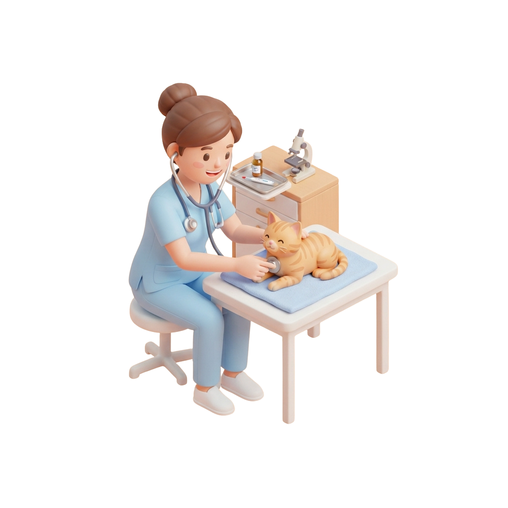 A veterinarian in blue scrubs examines a relaxed tabby cat on a table
