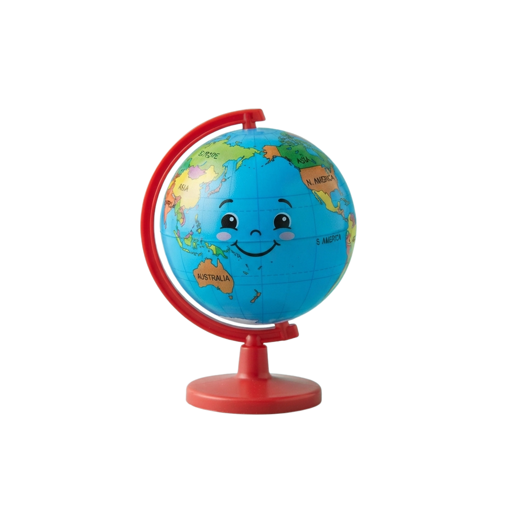A smiling cartoon globe on a red stand with continents labeled, suitable for children's educational play.