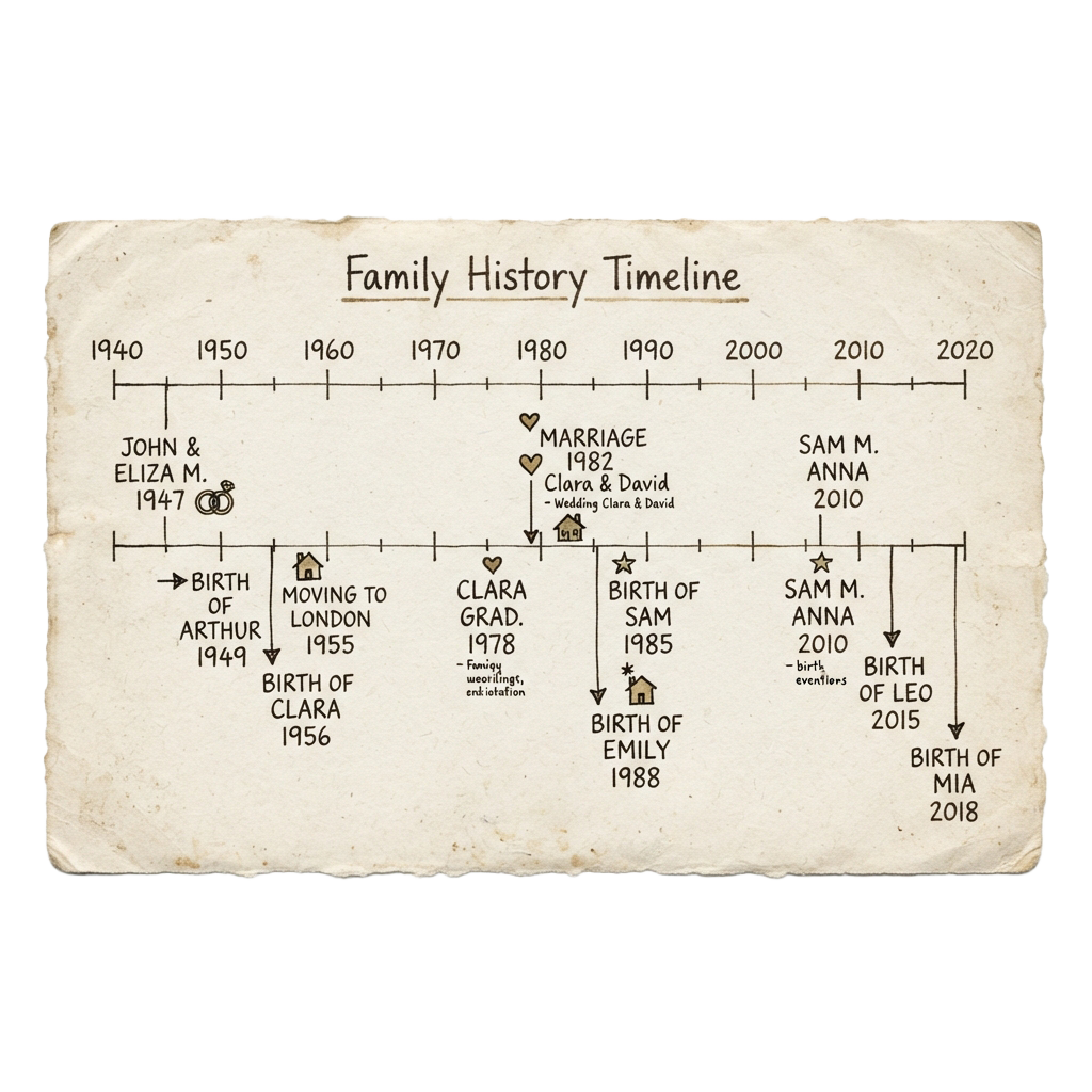 A vintage-style family history timeline charting births, marriages, and key life events from 1947 to 2018.