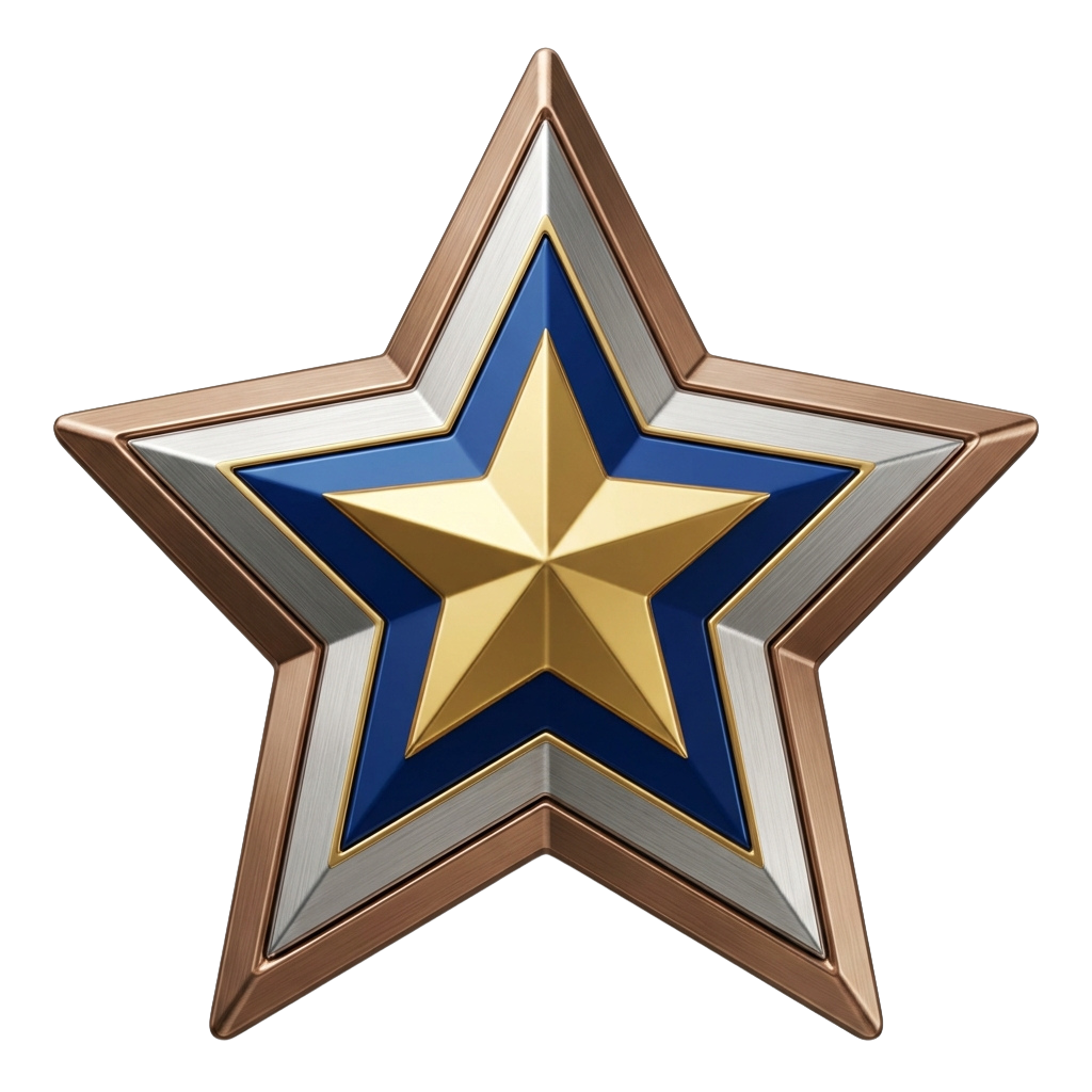 A stylized, metallic star badge featuring gold, blue, and copper colors with a reflective, three-dimensional appearance.