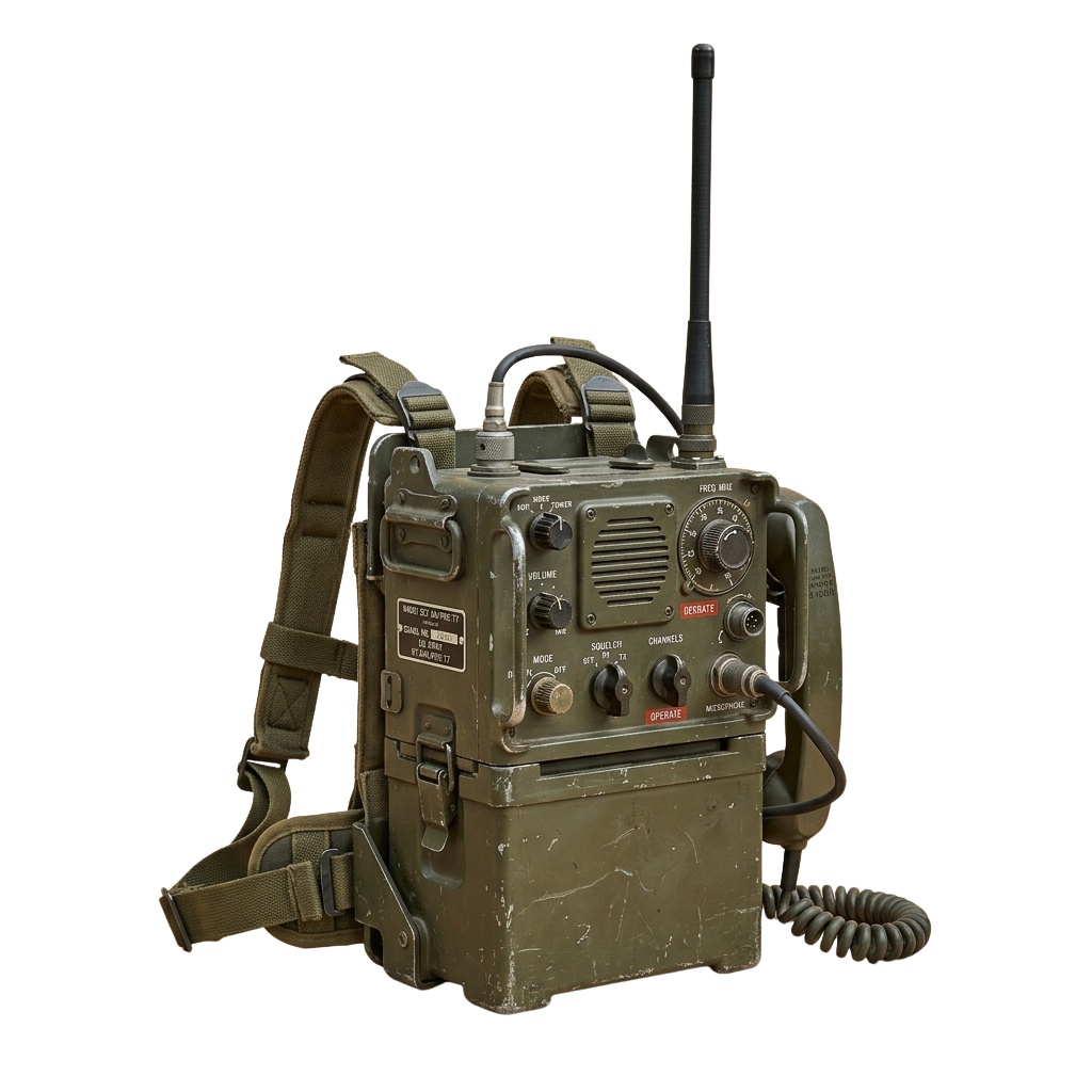 Vintage military radio device with antenna, carrying strap, and coiled cord.