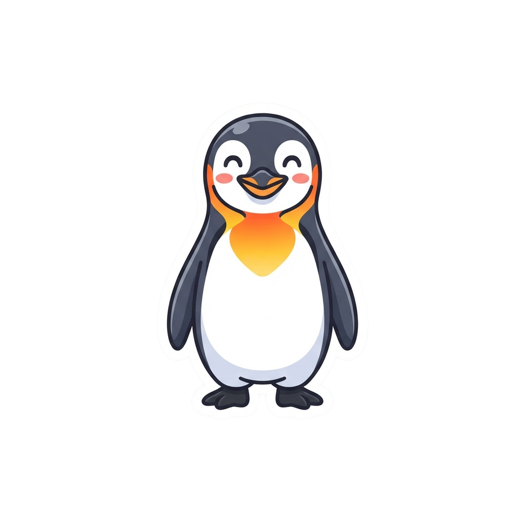 Smiling cartoon penguin with black and white body and bright orange beak standing upright