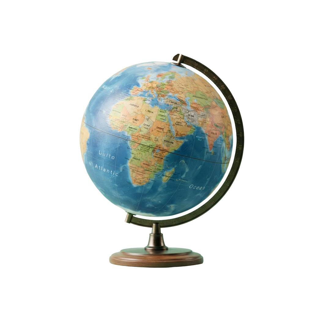 A vintage-style globe centered on Africa and Europe, showing continents and oceans with a wooden base.