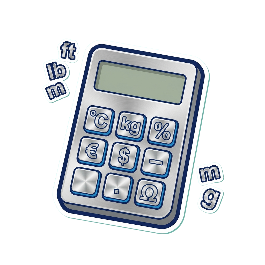A calculator with buttons for temperature, weight, currency, and percentage units, surrounded by unit abbreviations like ft, lb, m, g, and mg