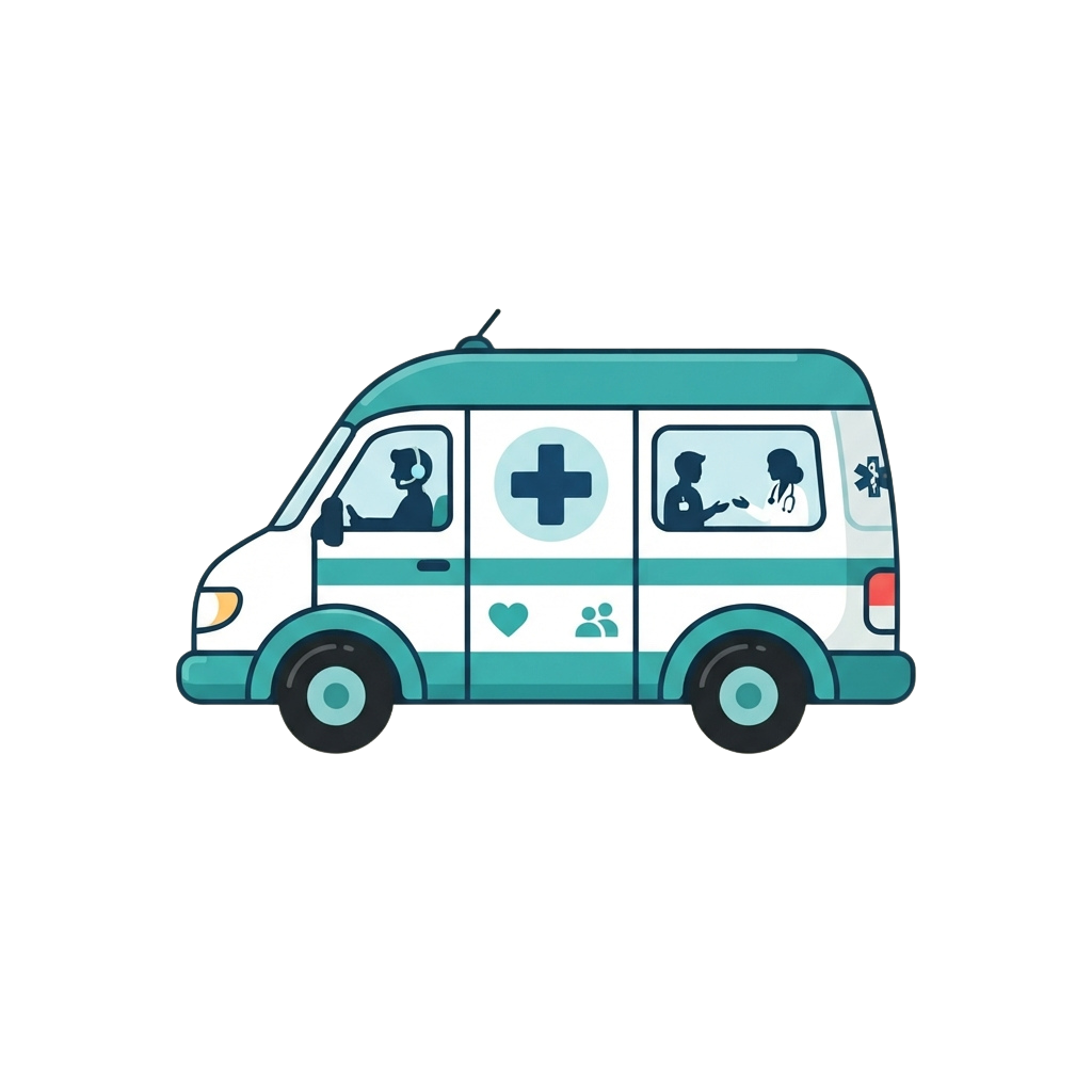 Illustration of an ambulance vehicle with medical symbols and figures inside windows