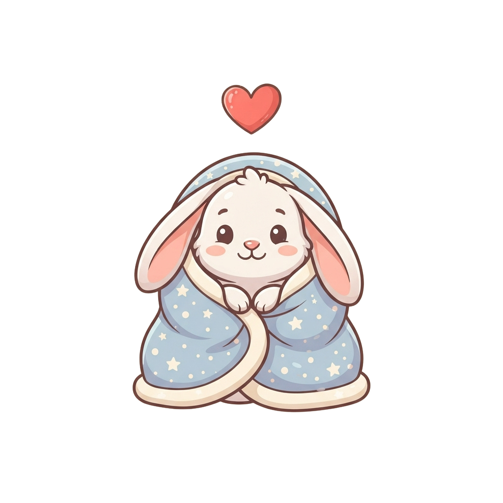 A cartoon bunny sitting with arms crossed, wrapped in a blue starry blanket, with a heart above its head