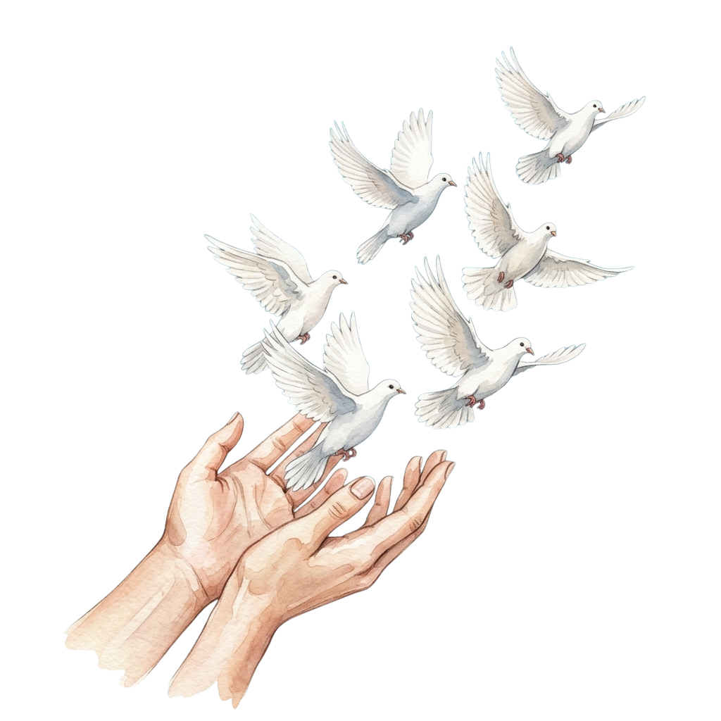 Two hands releasing a flock of white doves into the air