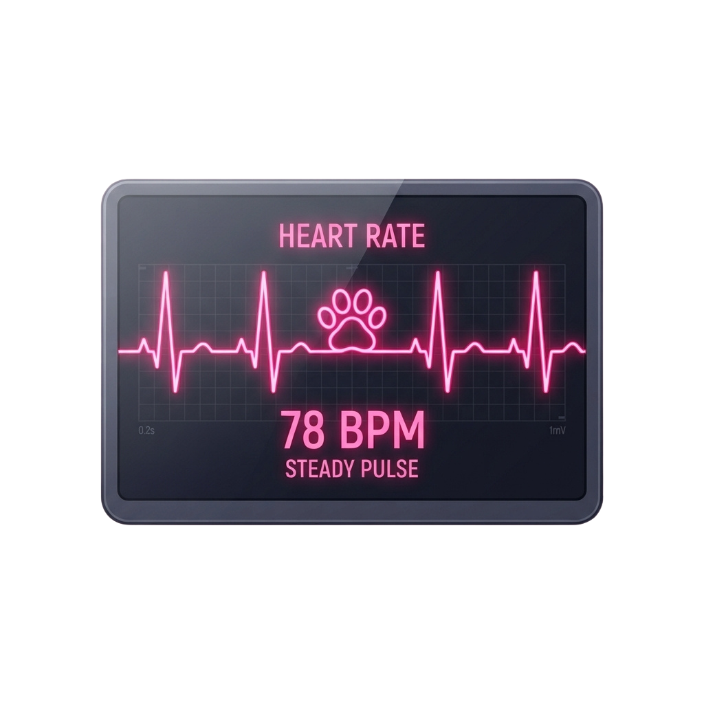 Digital screen displaying a heart rate of 78 BPM with a steady pulse and a paw icon representing a pet