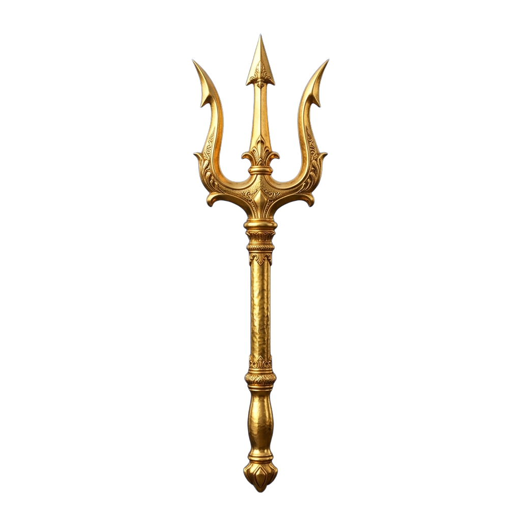 A golden trident with intricate designs on a black background