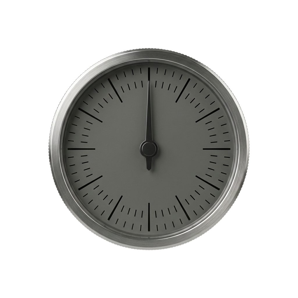 A sleek analog clock with a silver rim and black hands on a gray background