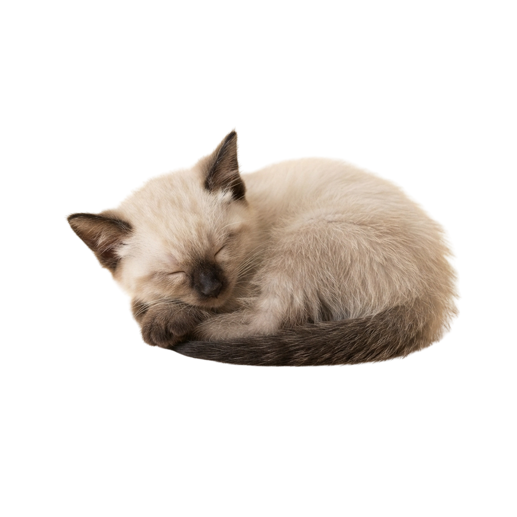 A light-colored Siamese cat curled up and sleeping on its side, facing left.