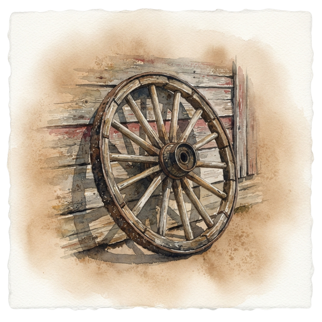 A large wooden wagon wheel leaning against a weathered wooden fence