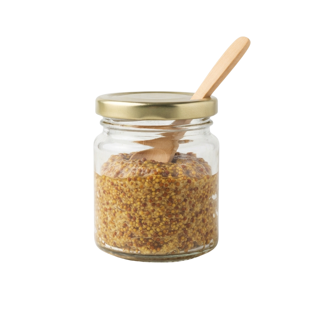 A clear glass jar with a metal lid and wooden spoon containing small spiced granules or seeds.