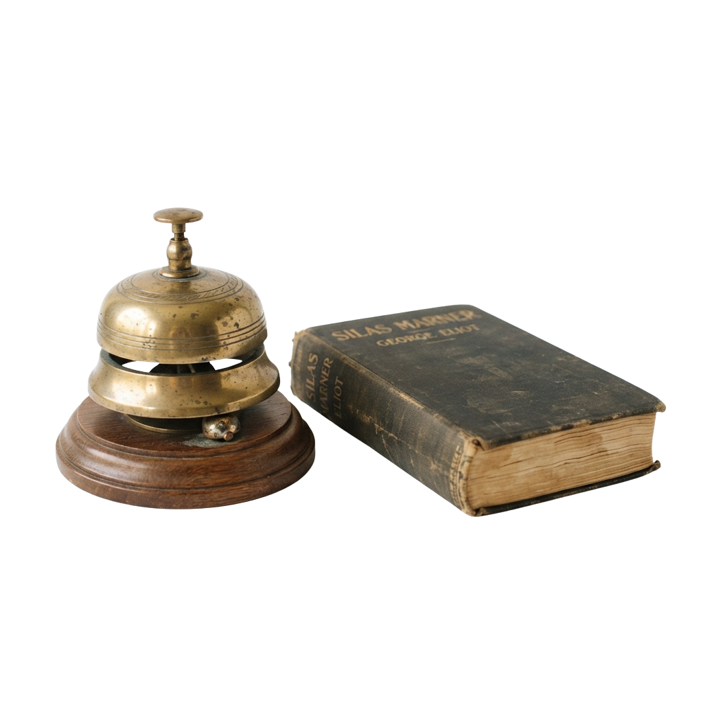 A brass bell on a wooden base next to an aged, leather-bound book with visible wear and gold lettering on the spine