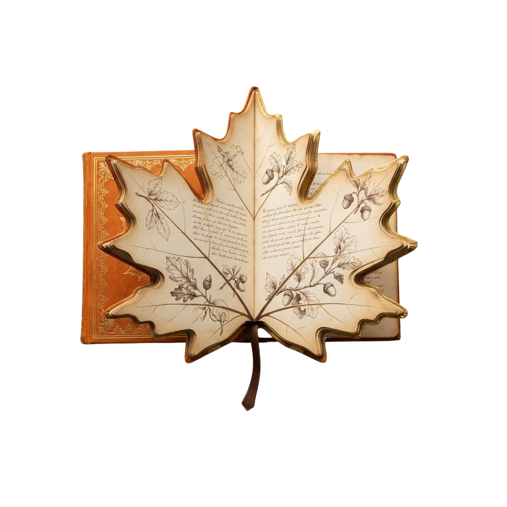 An open book shaped like a leaf with hand-drawn botanical sketches and acorn illustrations on the pages