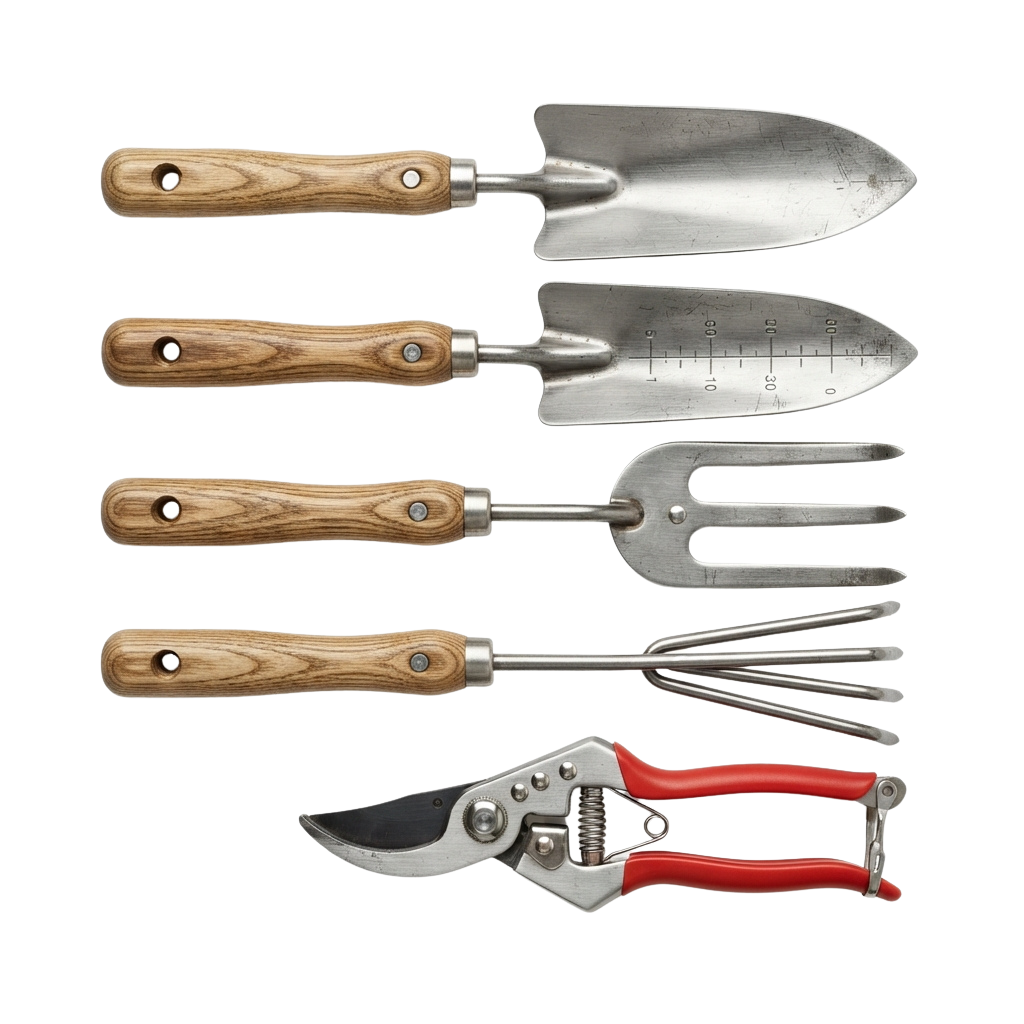 Five gardening tools with wooden handles and metal heads, including a pruner with red handles.