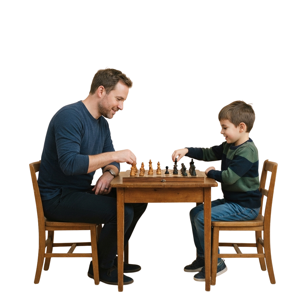 An adult and a child playing chess together at a wooden table with chairs.