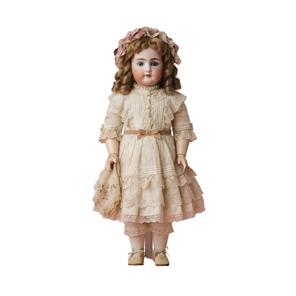 Antique doll dressed in a light-colored lace dress with a flower headband and holding a small fan
