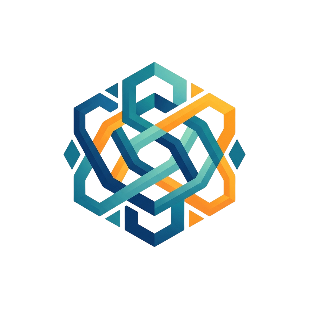 A stylized geometric knot made of interlocking hexagons in blue and orange tones