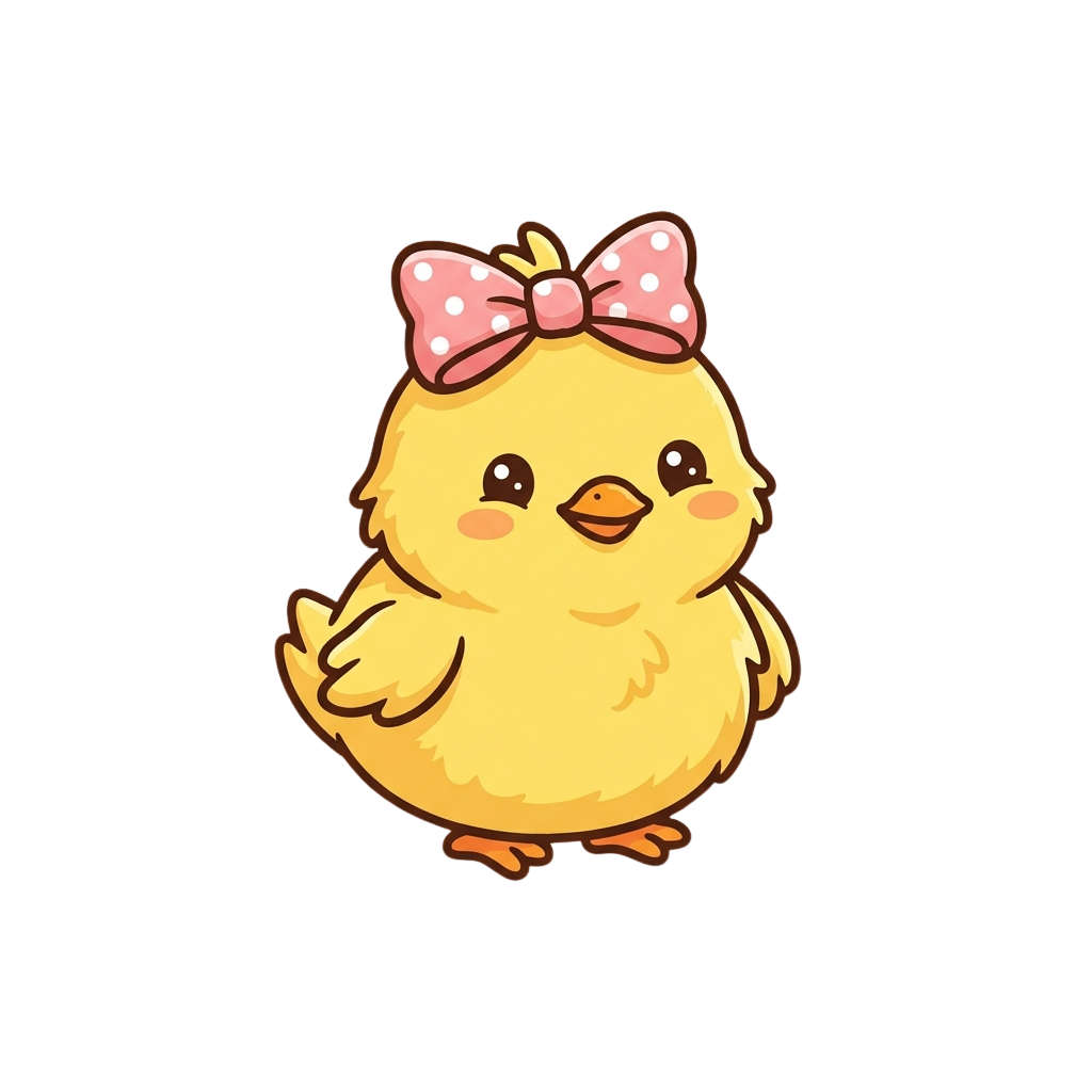 A cheerful yellow chick with a pink bow on its head standing on one foot