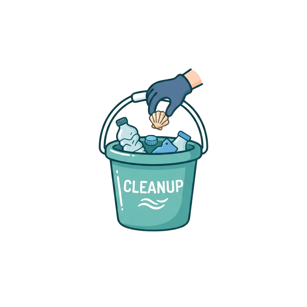 A gloved hand placing a small shell into a blue bucket labeled Cleanup filled with recyclable items.