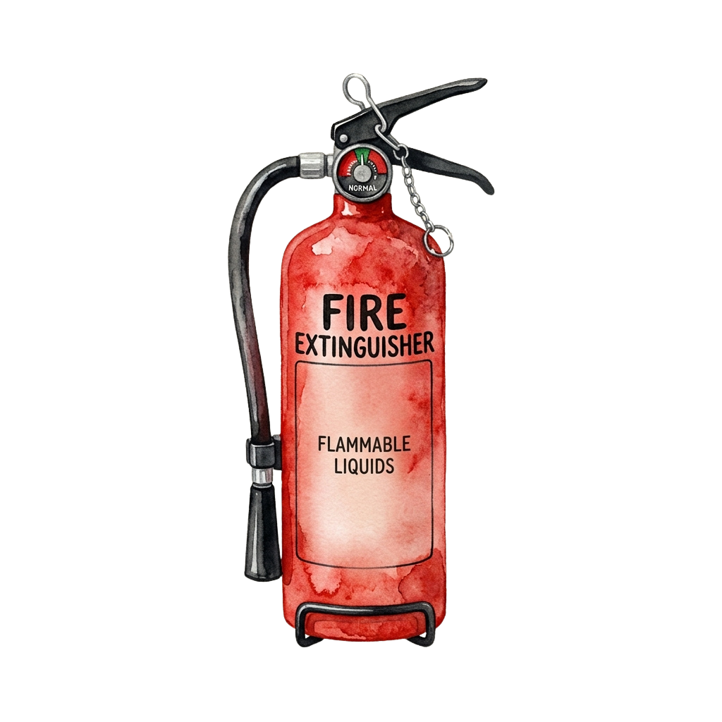 Illustration of a red fire extinguisher labeled for flammable liquids with a hose and handle