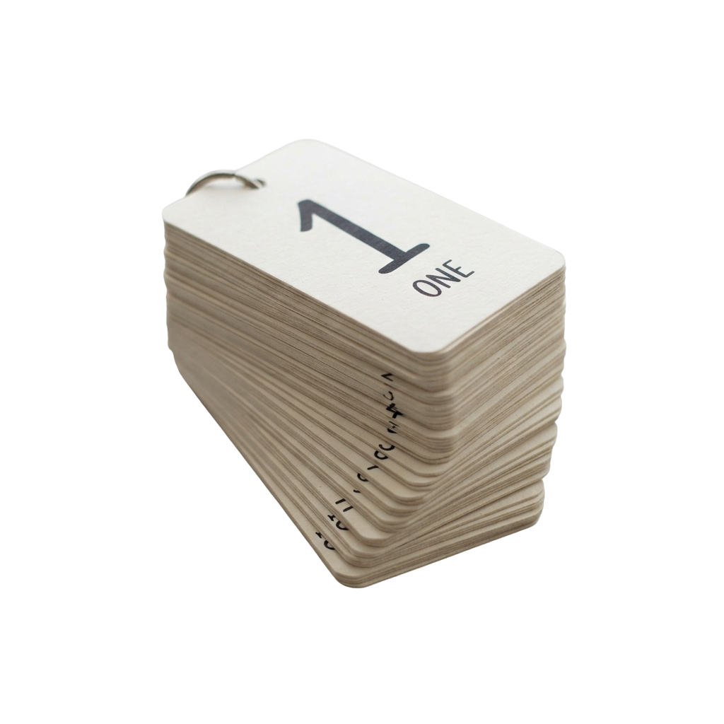 A stack of white index cards with the top card displaying the number one symbol and text