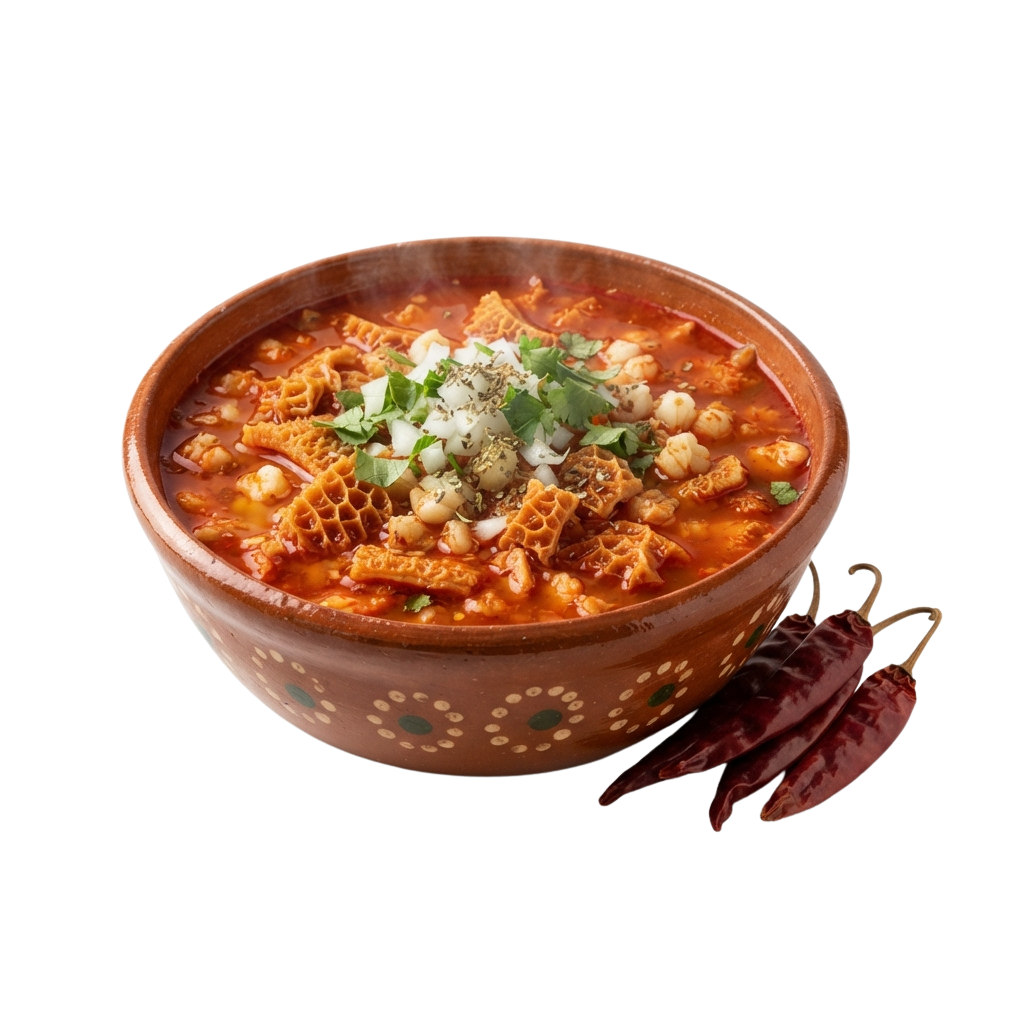 A terracotta bowl filled with spicy chickpea and pasta soup garnished with cilantro and sour cream, with dried chili peppers beside it