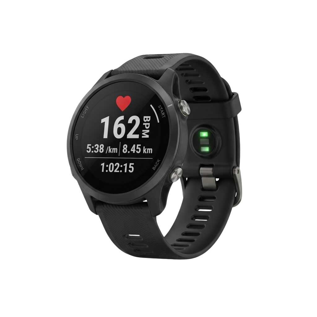 Black smartwatch displaying heart rate of 162 BPM, speed of 5.38 km per hour, distance of 8.45 km, and elapsed time of 1 hour 2 minutes 15 seconds