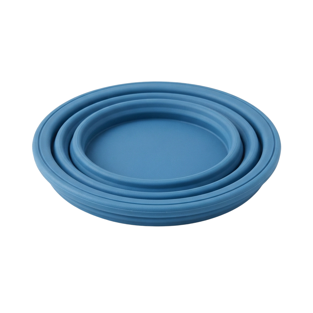 A blue plastic round container lid with concentric ridges on the underside