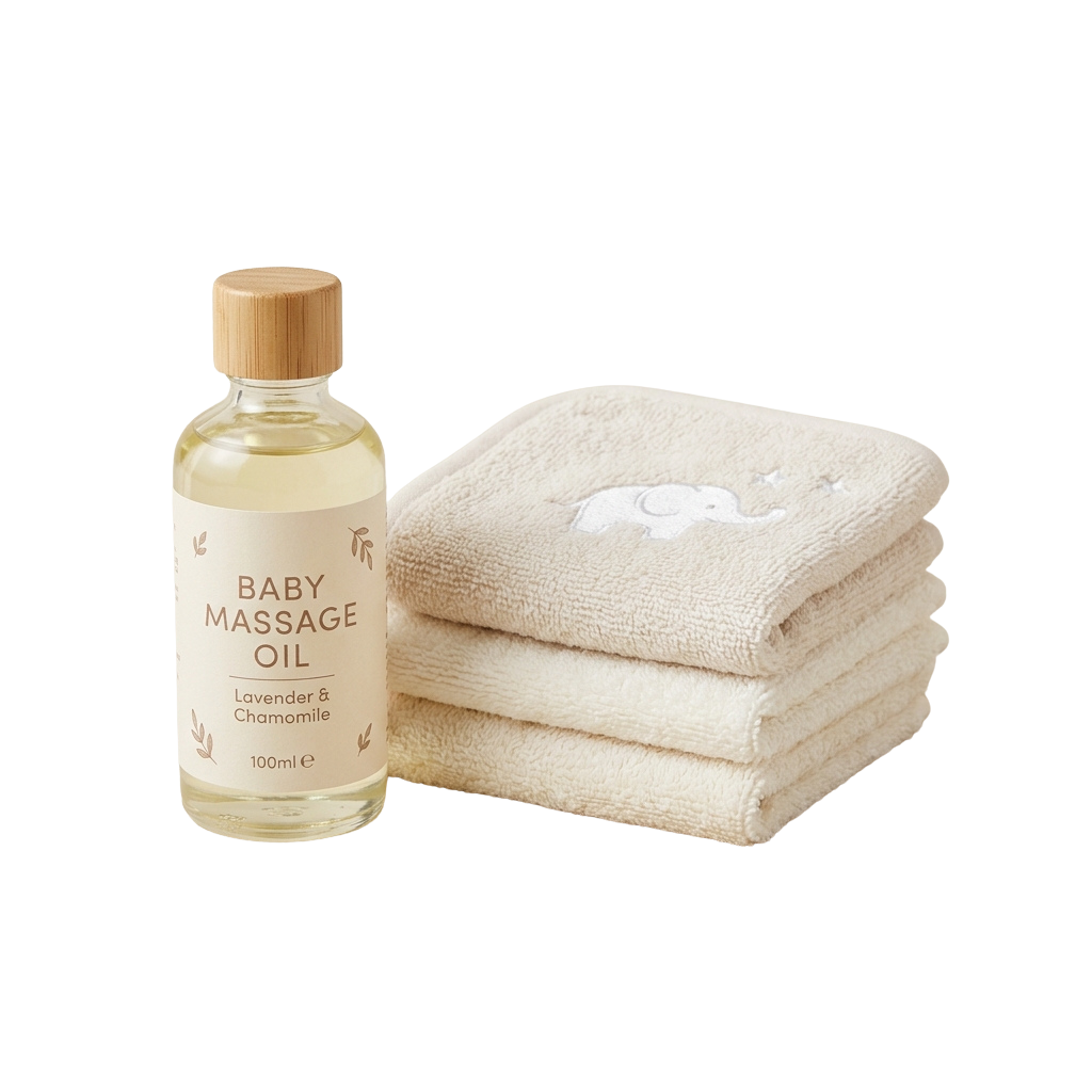 Baby massage oil bottle with lavender and chamomile label next to three folded soft towels with elephant print
