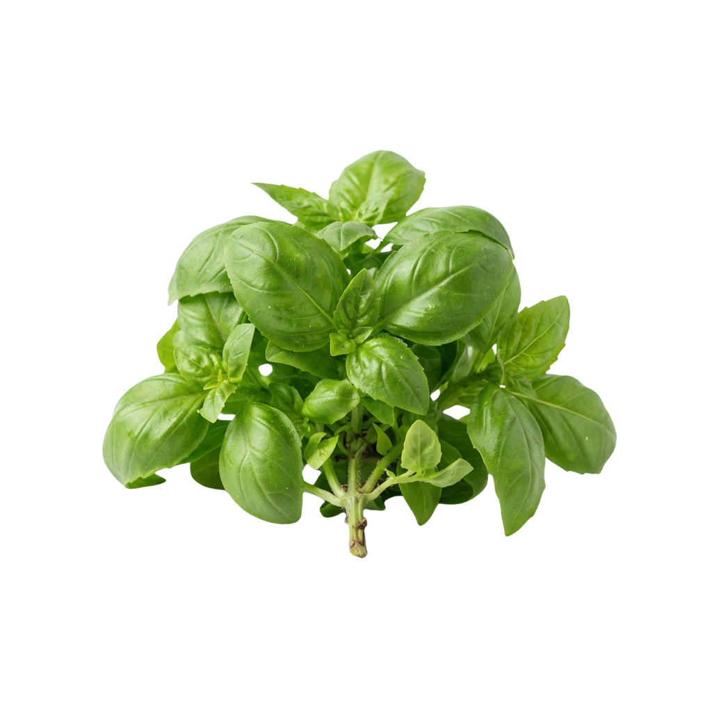 Cluster of fresh green basil leaves on a plant stem