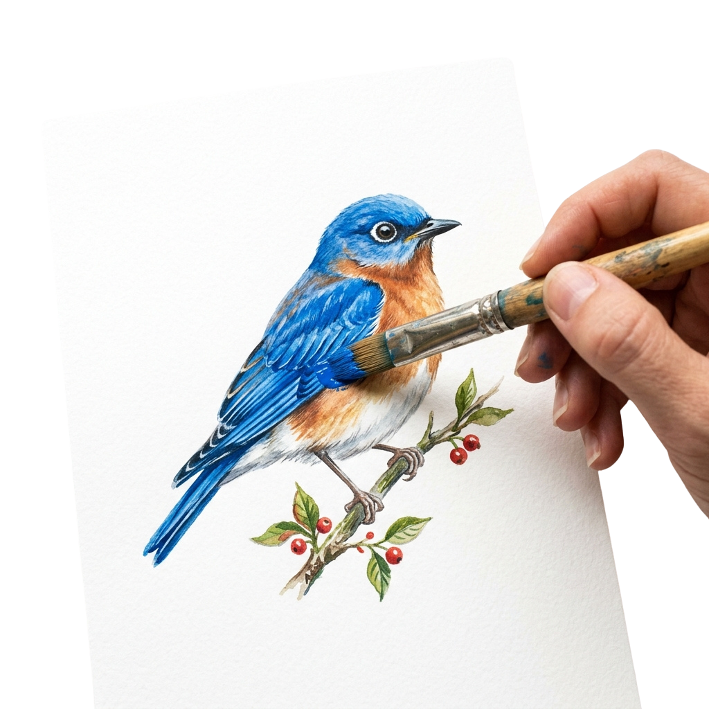 A hand painting a detailed watercolor illustration of a blue bird perched on a branch with berries